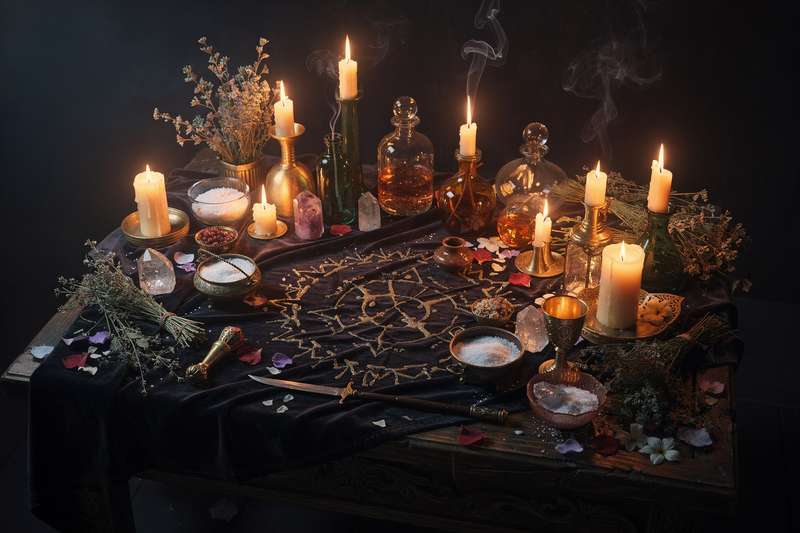 Witch performing a banishing ritual with candles and herbs to cleanse negative energy.
