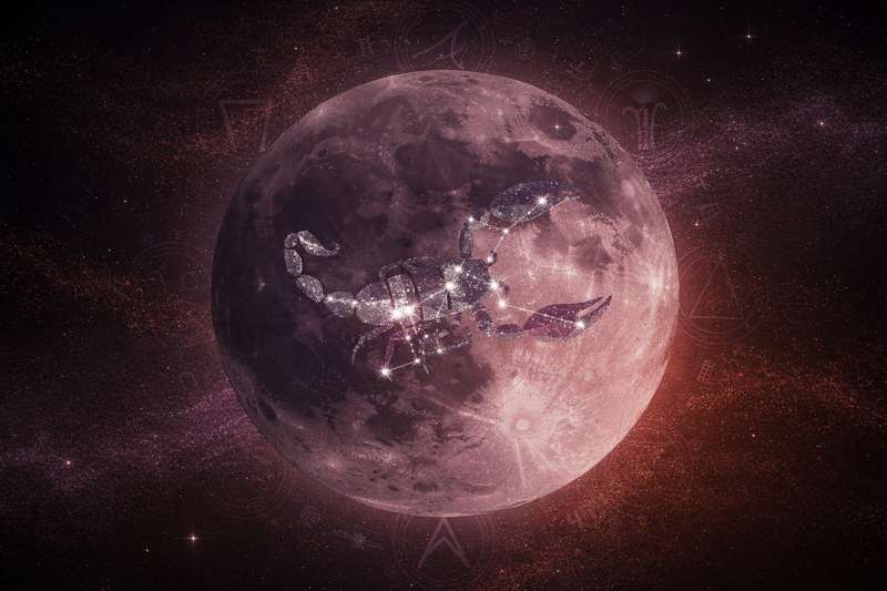Scorpio constellation symbol glowing against a dark night sky with a full moon.