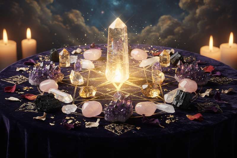 Assorted healing crystals and stones arranged together displaying various colors and natural formations.