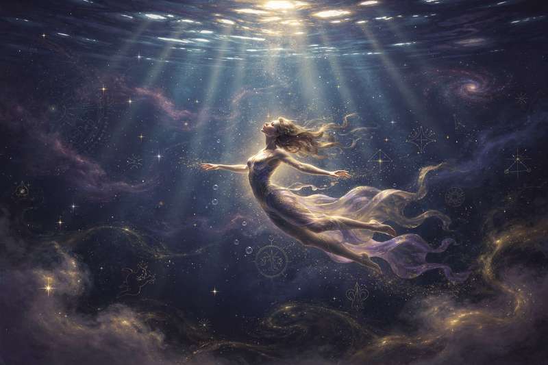 Person floating peacefully in calm blue water during a spiritual dream sequence.