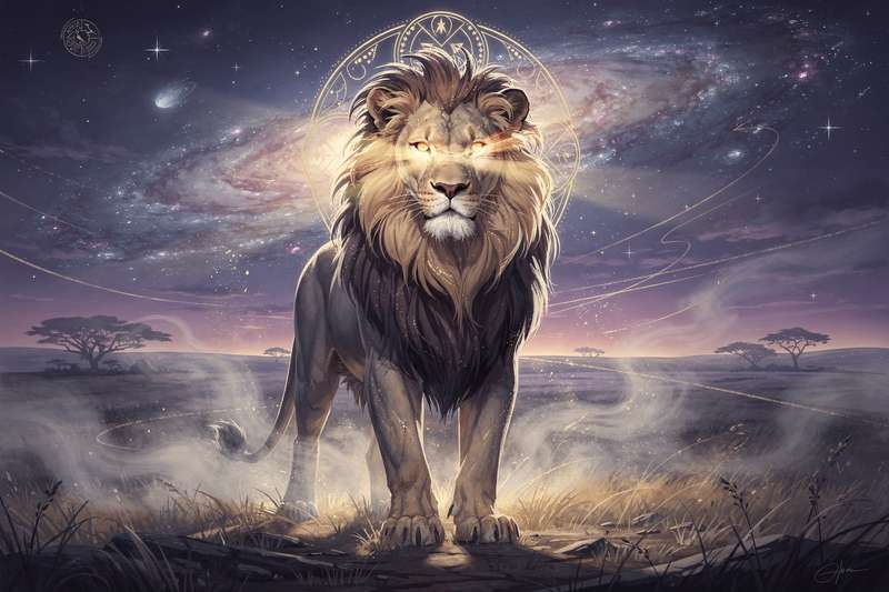A majestic lion with golden mane stands alert in natural habitat, symbolizing strength and power.