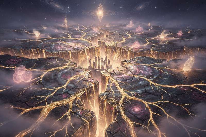 Massive ground rupture with buildings shaking during a powerful seismic event representing spiritual upheaval and life...