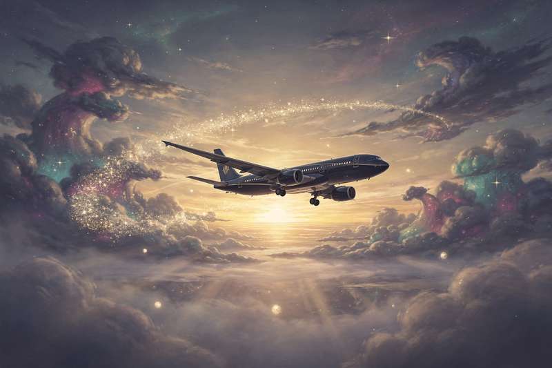 Commercial aircraft soaring through clouds symbolizing freedom, ambition, and journey in dream interpretation.