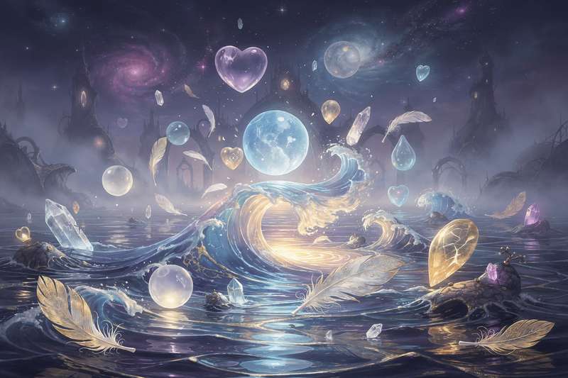 Massive water surge overwhelming a landscape, symbolizing emotional turbulence and transformative spiritual renewal.