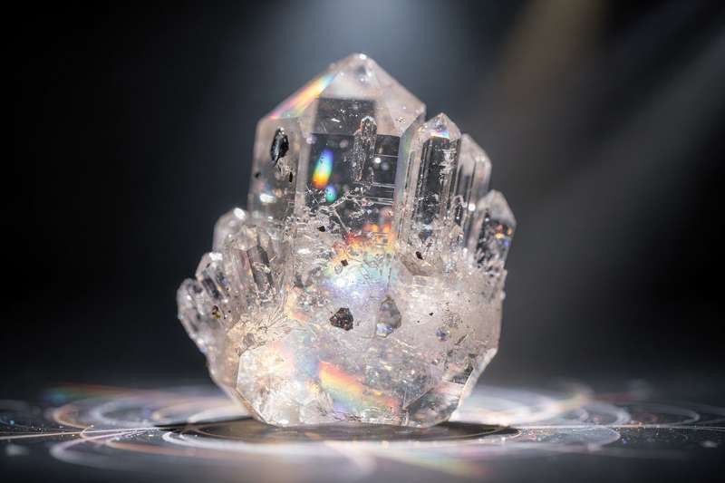 Elestial quartz crystal cluster displaying layered formations and natural geometric facets.