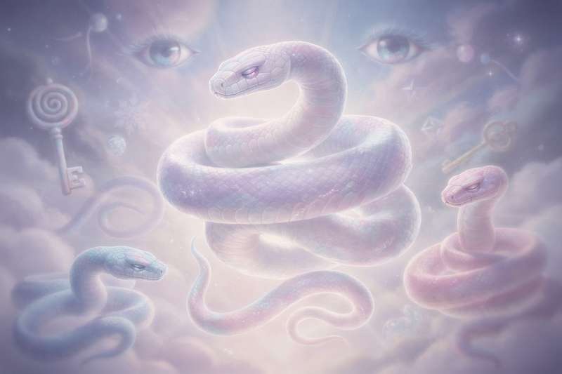 Person confronting a coiled serpent in a misty forest setting symbolizing transformation and inner conflict.
