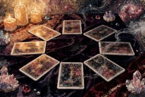 Symbolic tarot cards arranged in a nine-card spread pattern for emotional healing and spiritual growth work.