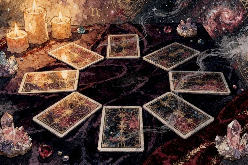 Symbolic tarot cards arranged in a nine-card spread pattern for emotional healing and spiritual growth work.