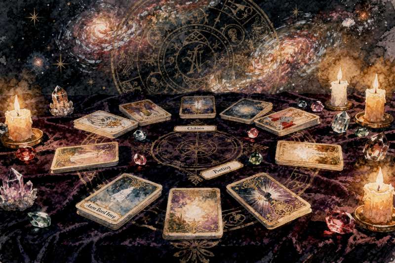 Seven tarot cards arranged in a circular path representing steps toward emotional release and inner peace.