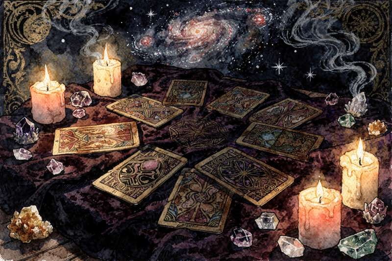 Three tarot cards arranged in a spread pattern to guide manifesting intentions and aligning personal energy.