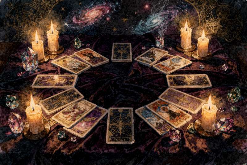 Tarot cards arranged in seven positions representing stages of goal manifestation and personal achievement.