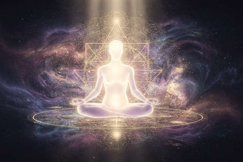 Peaceful meditative figure surrounded by ethereal light, representing spiritual connection and guidance.