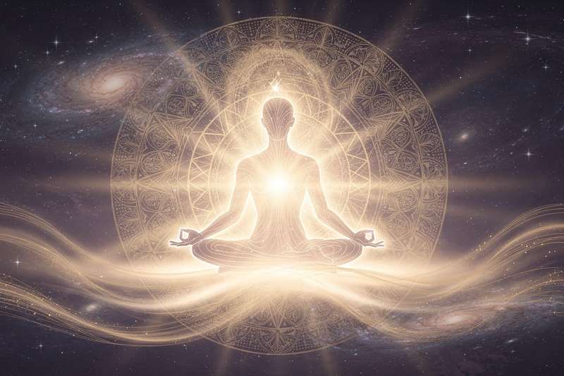 Person meditating under a starry night sky with cosmic energy surrounding their silhouette.