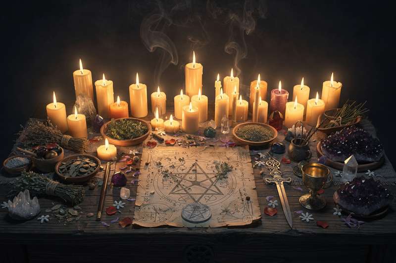Career advancement ritual with candles and crystals arranged on wooden surface.