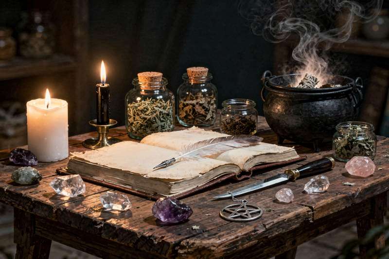 Simple witch casting a beginner spell with candles and herbs on wooden altar table.