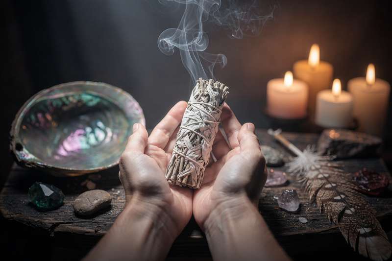 Lit candles and herbs arranged around a bathtub filled with steaming water for a spiritual cleansing ritual.