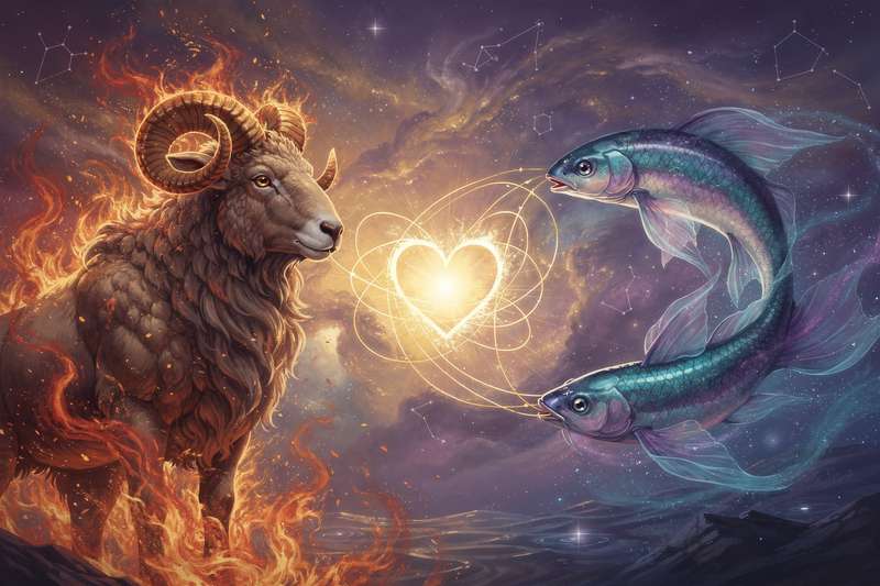 Aries and Pisces zodiac symbols representing contrasting fire and water elements in romantic relationships.