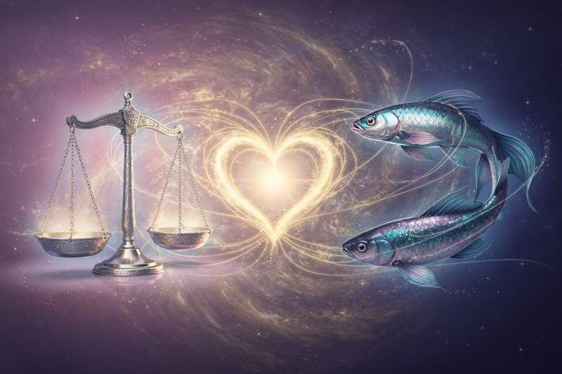 Libra and Pisces zodiac symbols representing their astrological compatibility and emotional connection.