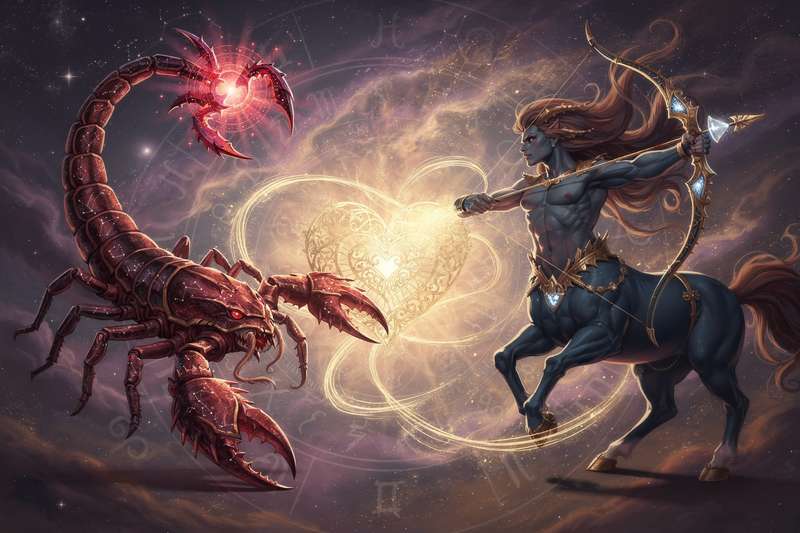 Symbolic representation of water and fire elements merging, illustrating the dynamic relationship between Scorpio and...