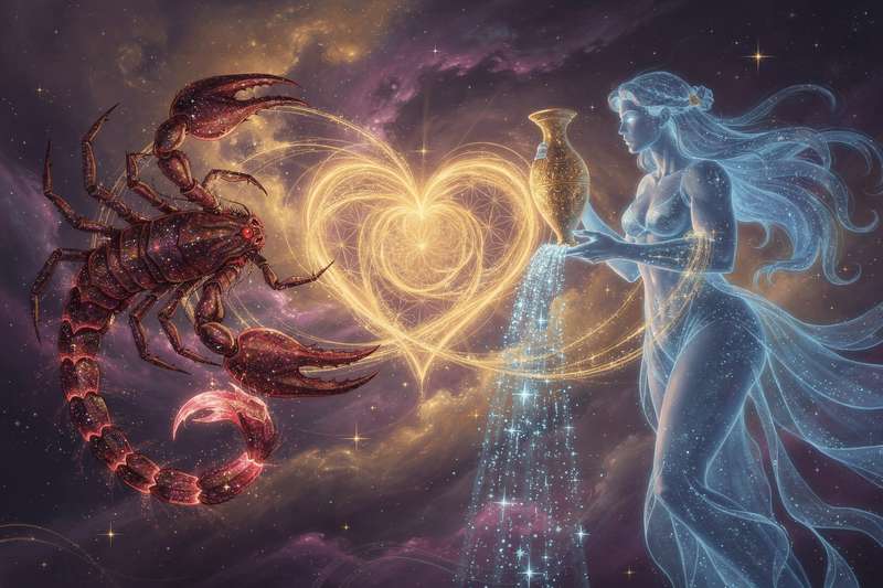 Scorpio and Aquarius zodiac symbols representing the dynamic tension between passionate water and independent air signs.