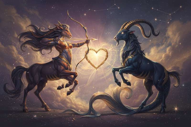 Sagittarius and Capricorn zodiac symbols representing opposing fire and earth elements in relationships.