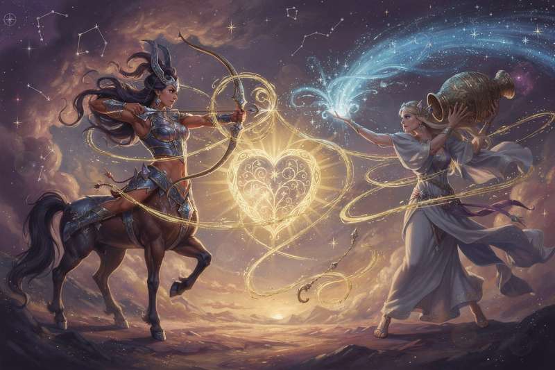 Sagittarius fire sign and Aquarius air sign symbols intertwined in cosmic alignment.