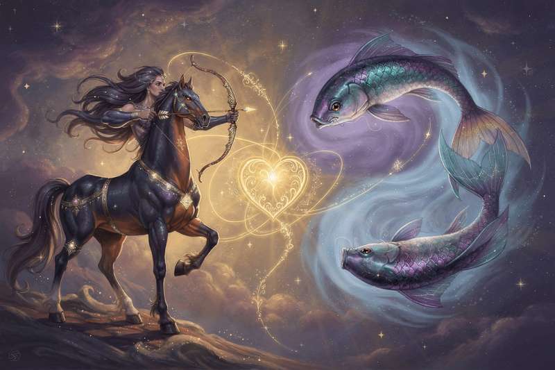 Sagittarius and Pisces zodiac symbols representing their contrasting fire and water elements in a relationship.