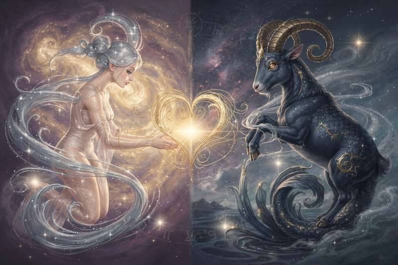 Gemini and Capricorn zodiac symbols representing their contrasting approaches to love and relationships.