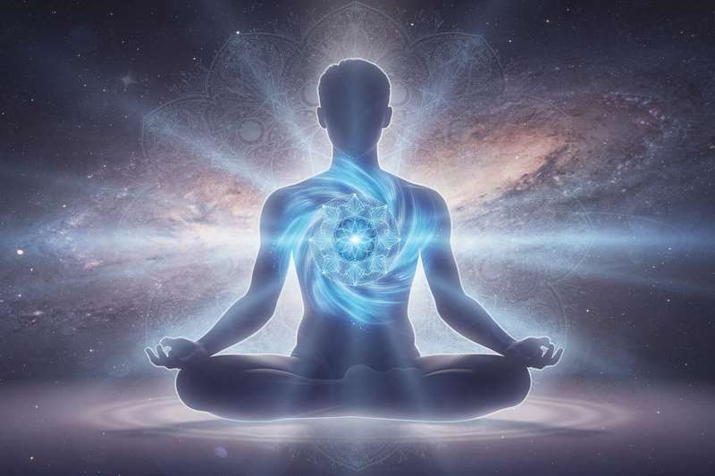 Glowing blue light radiating from the throat area symbolizing chakra activation and authentic self-expression.