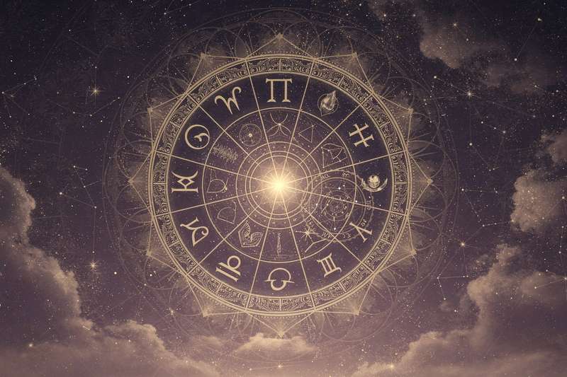 Astrological wheel showing major and minor planetary aspects with tension and harmony indicators.
