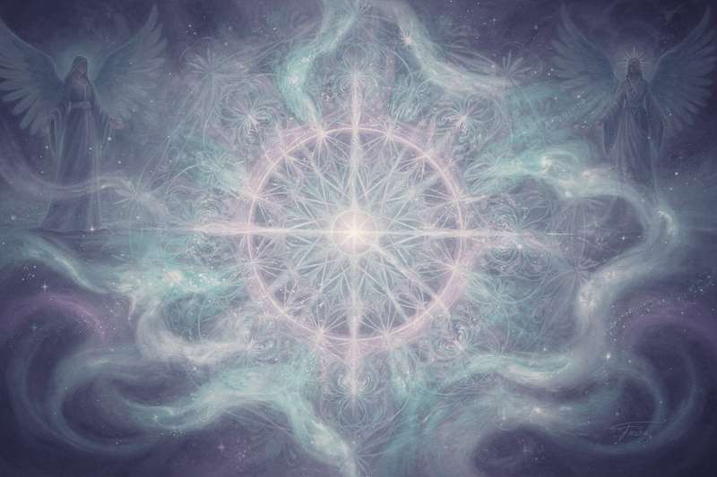 Sacred geometric patterns and ancient symbols arranged in a circle for contemplative practice and spiritual alignment.
