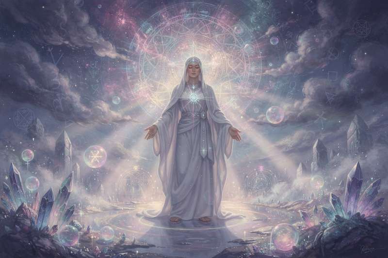 Sacred geometric patterns and mystical iconography layered throughout classical and contemporary artwork.