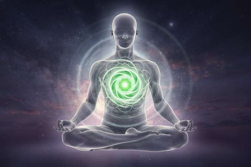 Green and pink energy radiating from the center of the chest representing heart chakra balance and emotional healing.