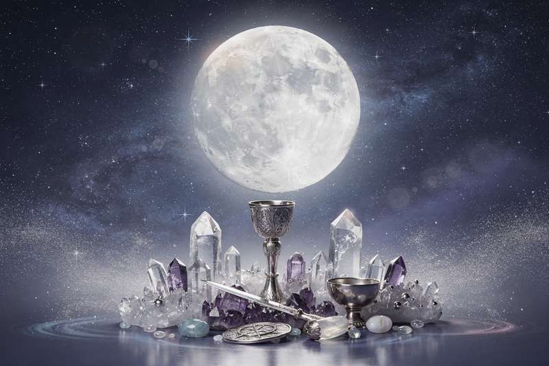 Candles and crystals arranged in a circle during a lunar eclipse ritual for personal transformation.