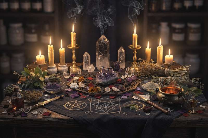Ritual setup with candles, herbs, and written intentions for releasing past relationships and emotional energy.