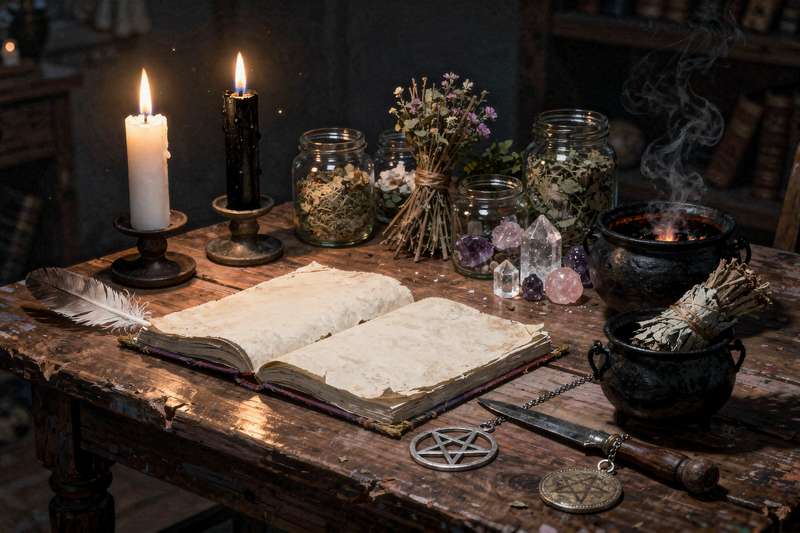 Beginner witch altar displaying common magical tools including candles, crystals, herbs, and a wooden wand.