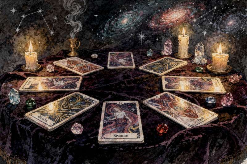 Tarot cards arranged in a spread layout for career guidance and professional decision-making.