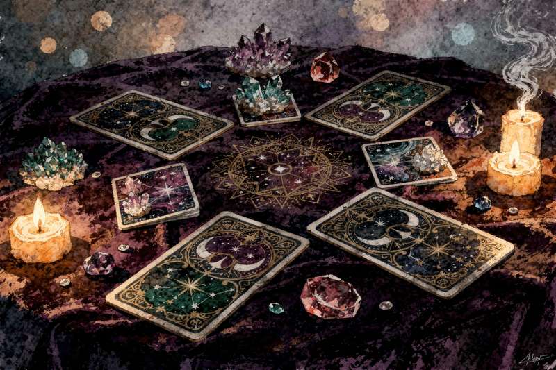 Tarot cards arranged in a spread layout for exploring unconscious patterns and inner shadow aspects.