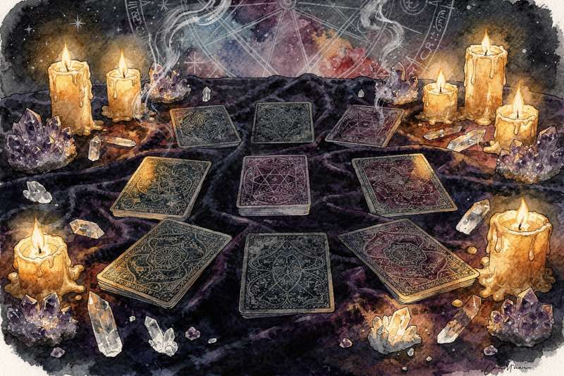 Traditional tarot cards arranged in a spread pattern for New Year reflection and goal-setting guidance.