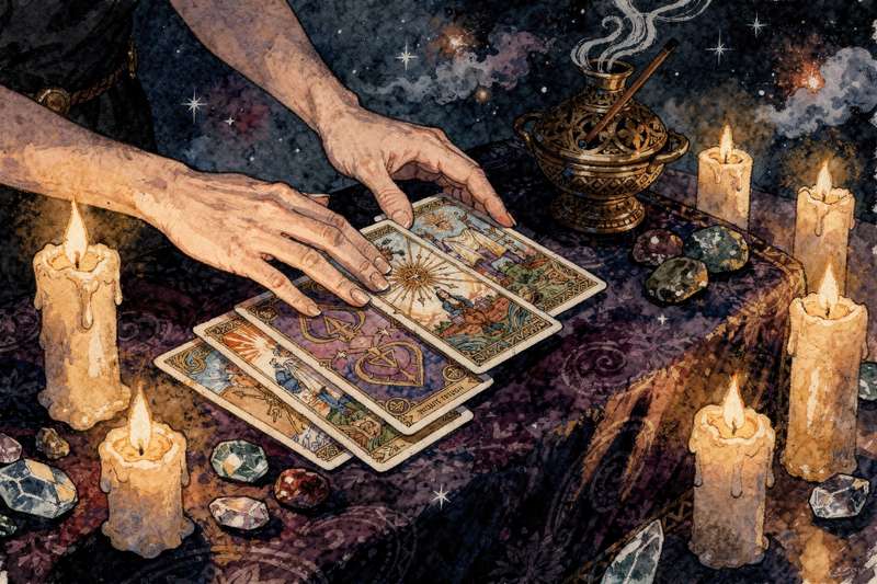 Spread of tarot cards laid out in a circular pattern on a wooden surface for self-reflection.