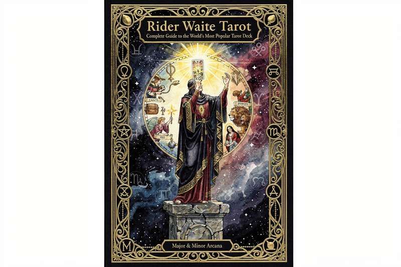 Rider Waite tarot deck spread showing all 78 cards with classic symbolism and illustrations.