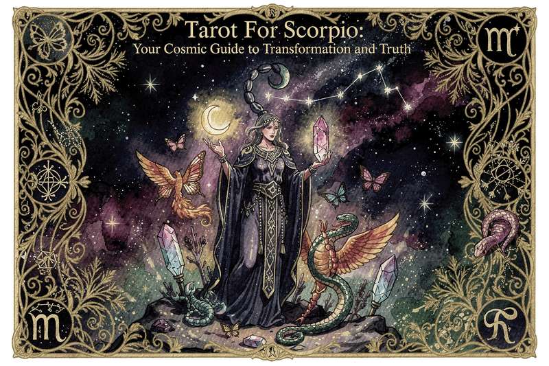 Tarot spread layout revealing cards aligned with Scorpio's themes of transformation and deep truth-seeking.