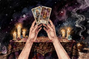 Spread of tarot cards laid out in a pattern for interpreting relationships and meanings between multiple cards.