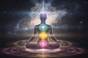 Seven colorful spinning energy wheels aligned vertically along the human body representing chakra centers.