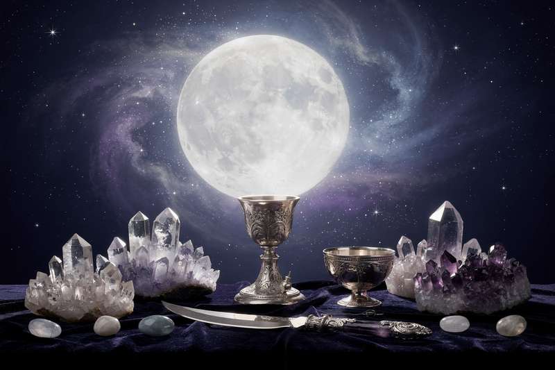 Glowing full moon over a peaceful landscape at night with stars surrounding it.