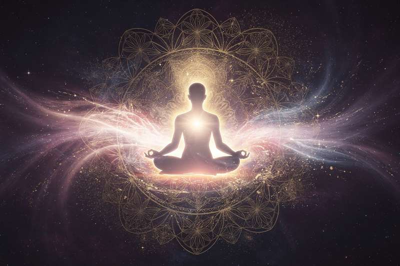 Glowing figure radiating divine light surrounded by spiritual symbols representing awakening consciousness and soul purpose.