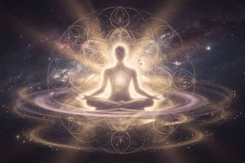 A person meditating in nature surrounded by forest animals representing different spiritual guides and totems.