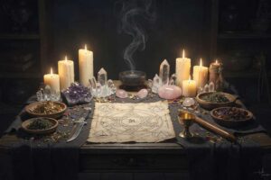 Different witch archetypes arranged in a mystical circle showing their unique magical practices and tools.
