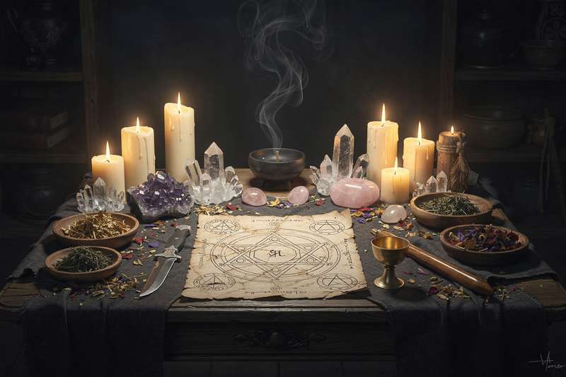 Different witch archetypes arranged in a mystical circle showing their unique magical practices and tools.