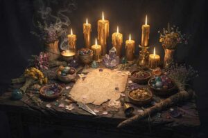 Dried herbs and botanical ingredients arranged on a wooden surface for natural magic practice.